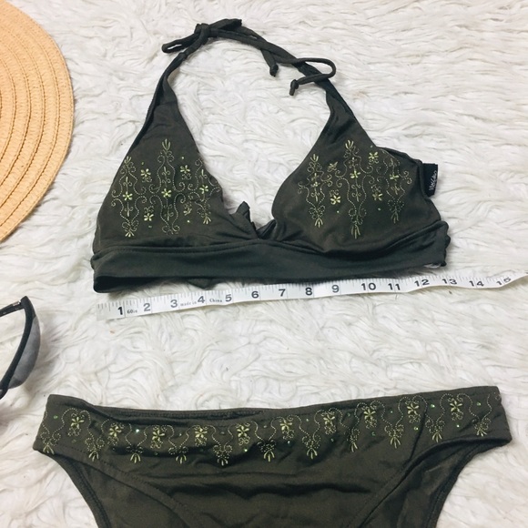 Mossimo Supply Co Swimsuit Halter Olive Green Embroidered Floral Size S/M - Picture 12 of 13